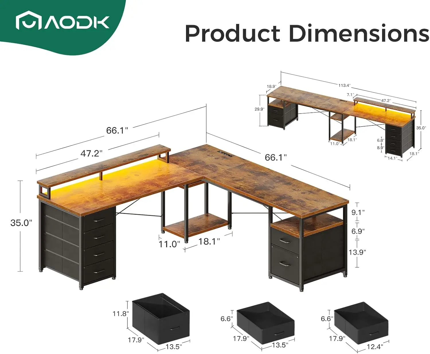 113“ Reversible Home Office Desk with File Cabinet & 4 Fabric Drawers, Two Person Desk with LED Lights & Power Outlet