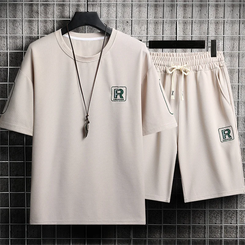 R Letter Men\'s T-Shirt and Shorts Sets Casual Set 2024 Summer Male Sports Suit Solid Color Tracksuit Loose Suits Size 3XL