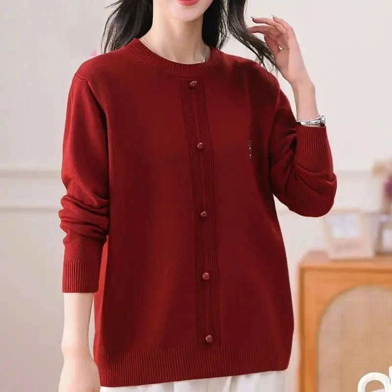Elegant Mature Women Crew Neck Knit Sweater Autumn Winter Versatile Long Sleeve Mom Style Casual Outer Layering Pullover S-4XL