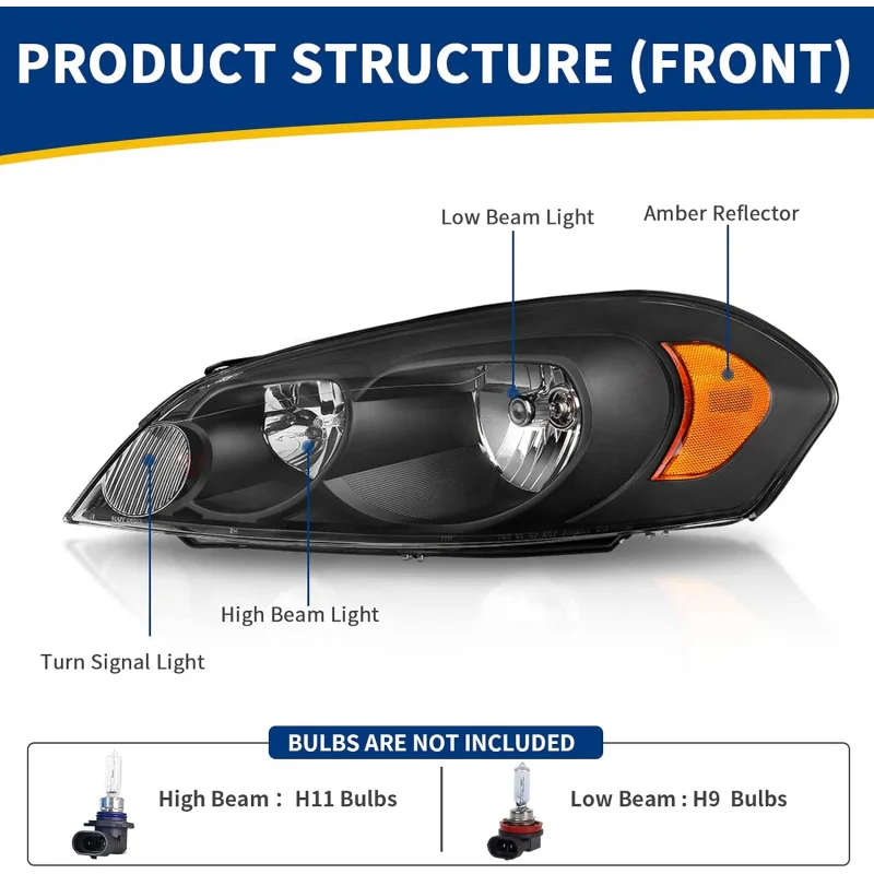 Headlight Assembly Compatible with 2006-2013 Chevy Impala 06 07 Chevy Monte Carlo Replacement Headlamp Black Housing Amber Refle