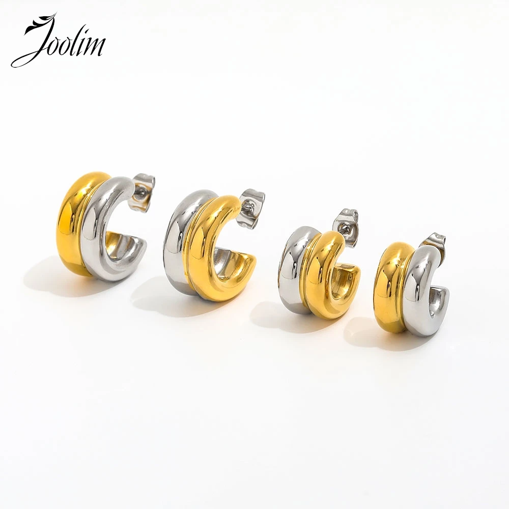 

Joolim Jewelry High Quality PVD Wholesale Tarnish Free Delicate Fashion Two-tone C Shaped Hoop Stainless Steel Earring for Women