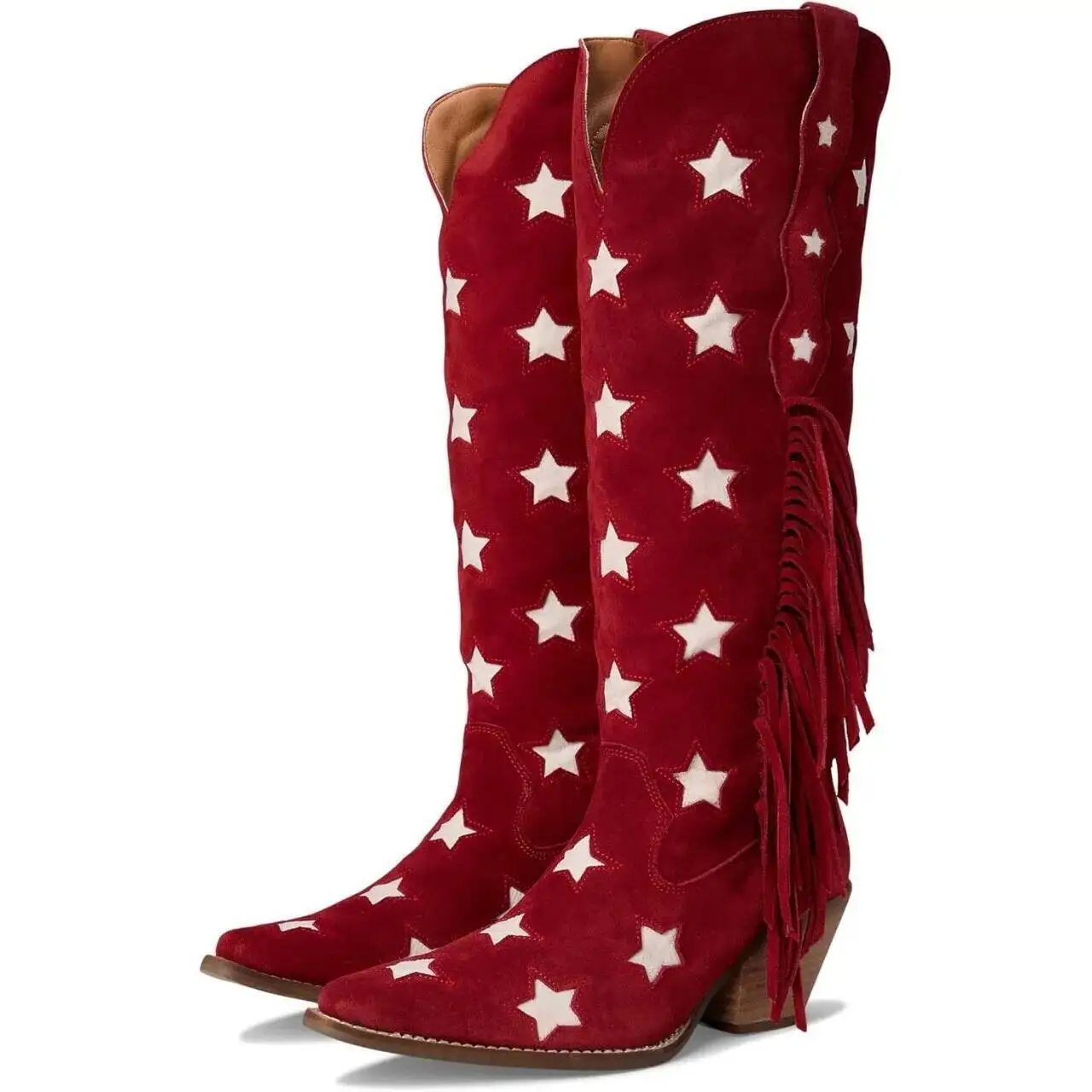 

Fashion Five-Pointed Star Tassel Red Western Boots Pointed Toe Chunky Heel Women's Long Boots