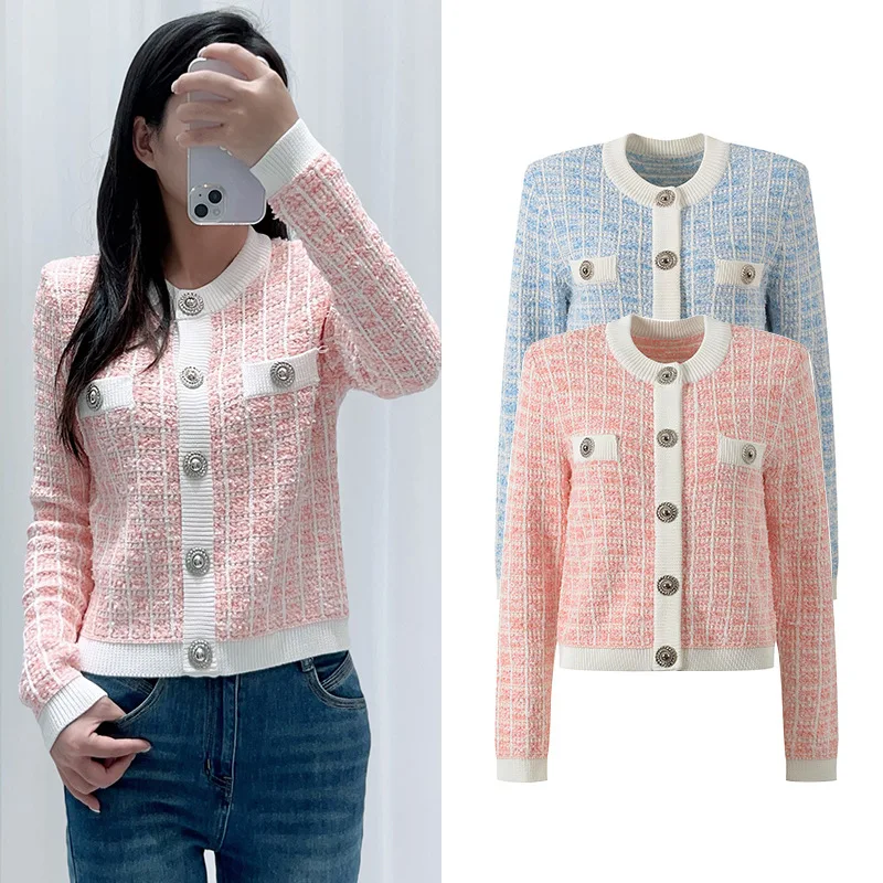 High-End Version Parisian Style Sweet Youthful Golden Button Plaid Long Sleeve Outerwear Open Cardigan Elegant round Neck Sho...