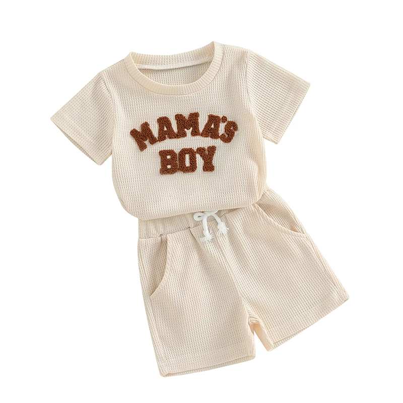 

Blotona Mamas Boy Baby Clothes Letter Embroidery Short Sleeve T-Shirt Shorts Set 2Pcs Waffle Knit Summer Outfit