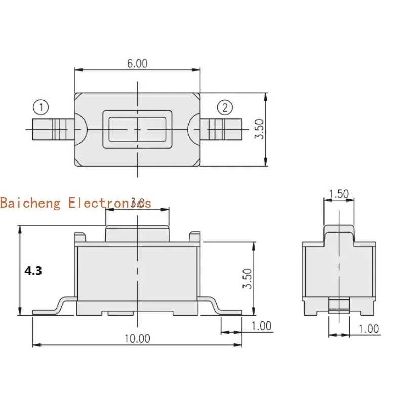 100PCS 3.5 * 6 * 4.3MM SMT 2-pin touch button, micro motion tactile long foot switch