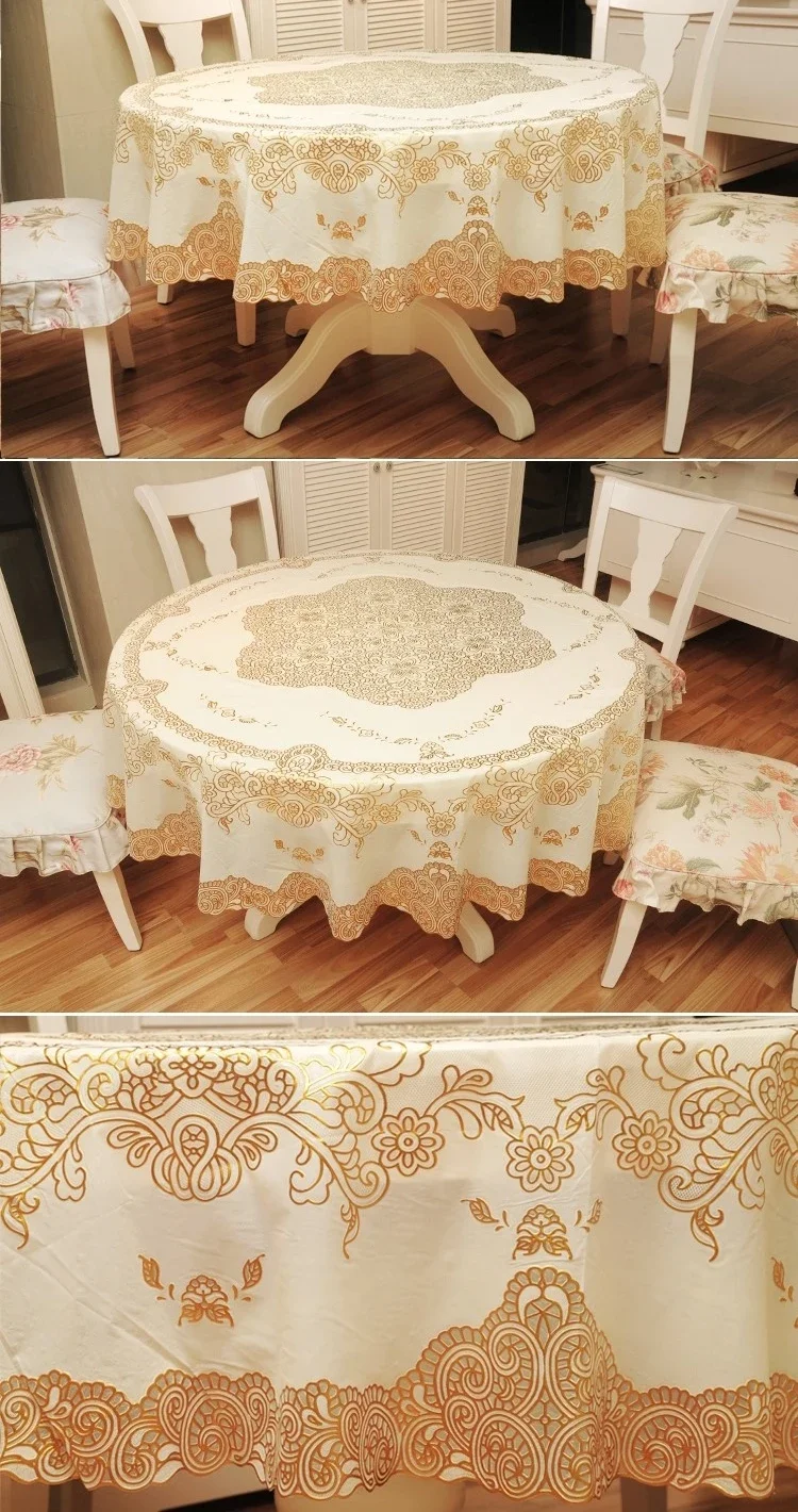 Large Round Table Water-proof Oil-proof Anti-scald Round Domestic Living Room Disk Table Hot Stamping Tablecloth Hotel Article