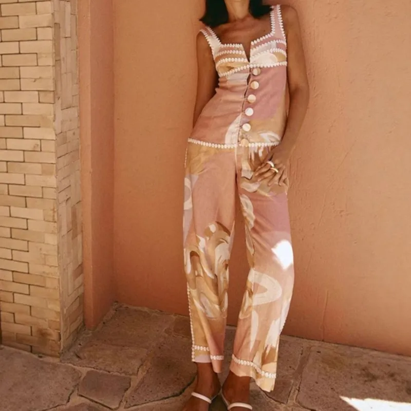 

Fashion Printed Two Piece Sets Women 2025 Summer Elegant Casual V Neck Blouse Sleeveless Tops And Pocket Long Pants Suit 2 Sets