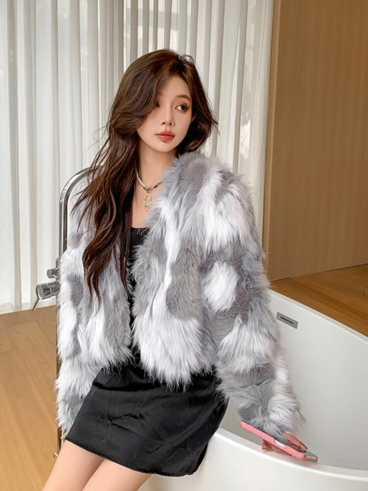 

Korean Sle Fur Coat Women's ort adient Floral Embroidery Warmth All-Match Loose Fit Long Sve V-Ne Faionable