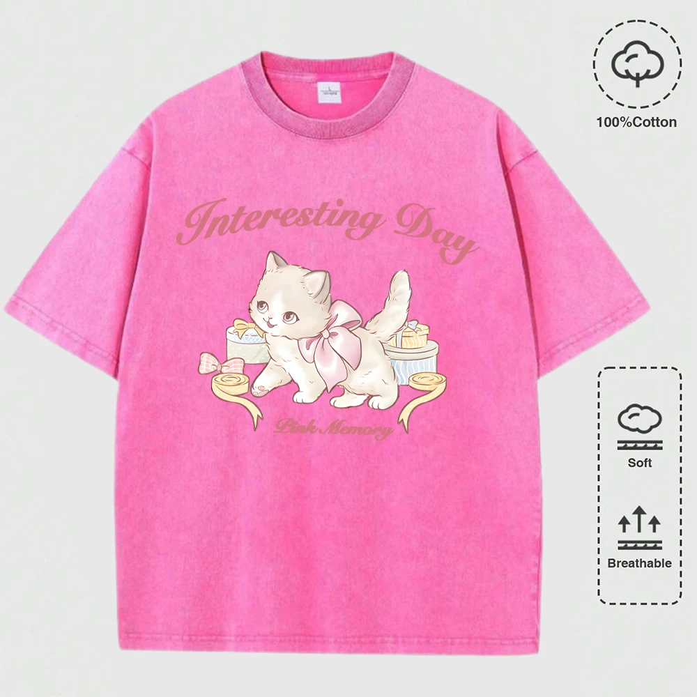 

Elegant Little Cat Interesting Day Printed Men Washed T-Shirts Casual Tops Cotton O-Neck Short Sleeve Summer Oversized T Shirt