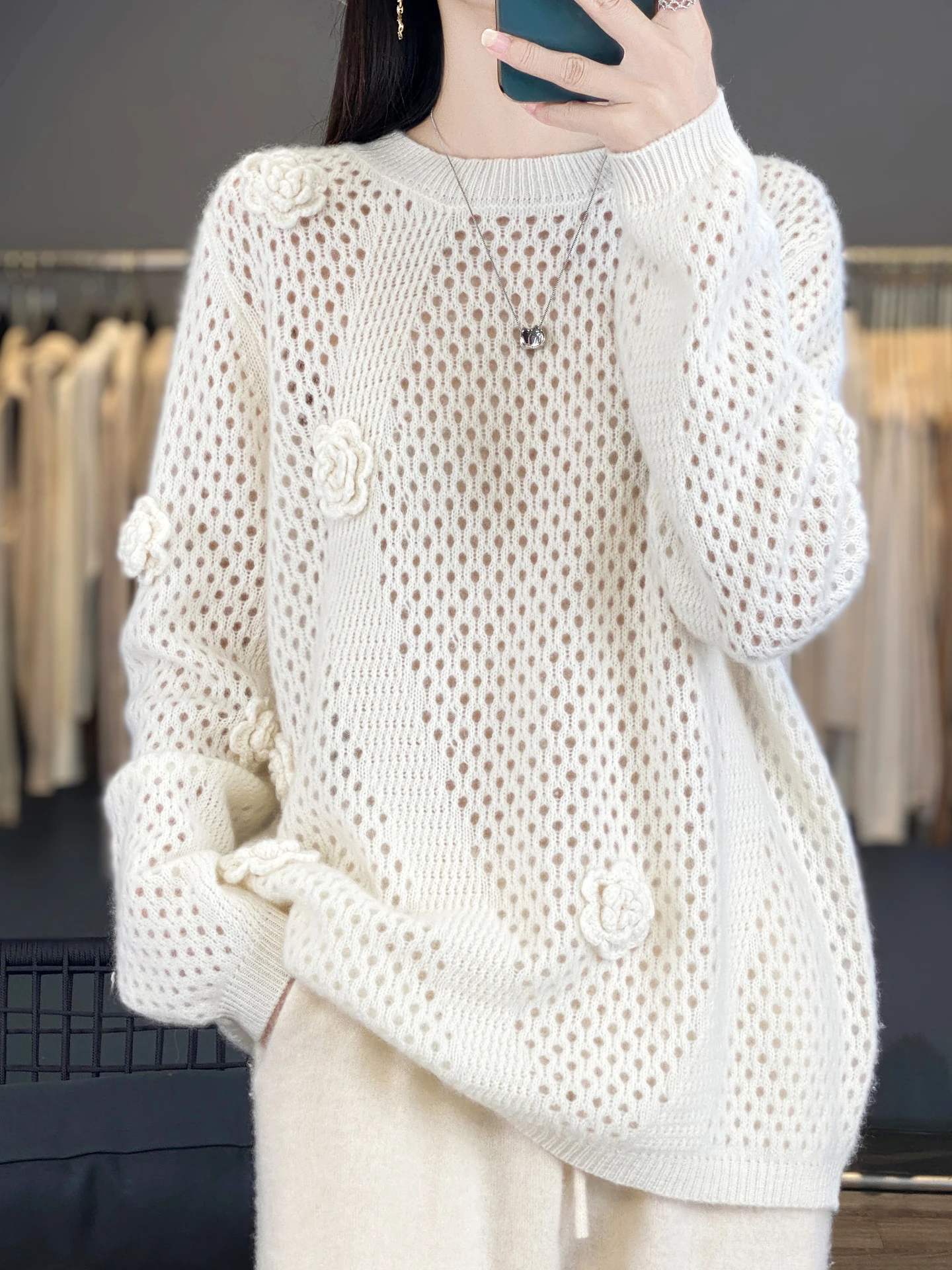 

TLOML Шикарный женский свитер из 100% мериносовой шерсти, вязаный вручную, с круглым вырезом, с ажурным узором «Роза», осенне-зимний, кашемировый, мягкий, утолщенный топ