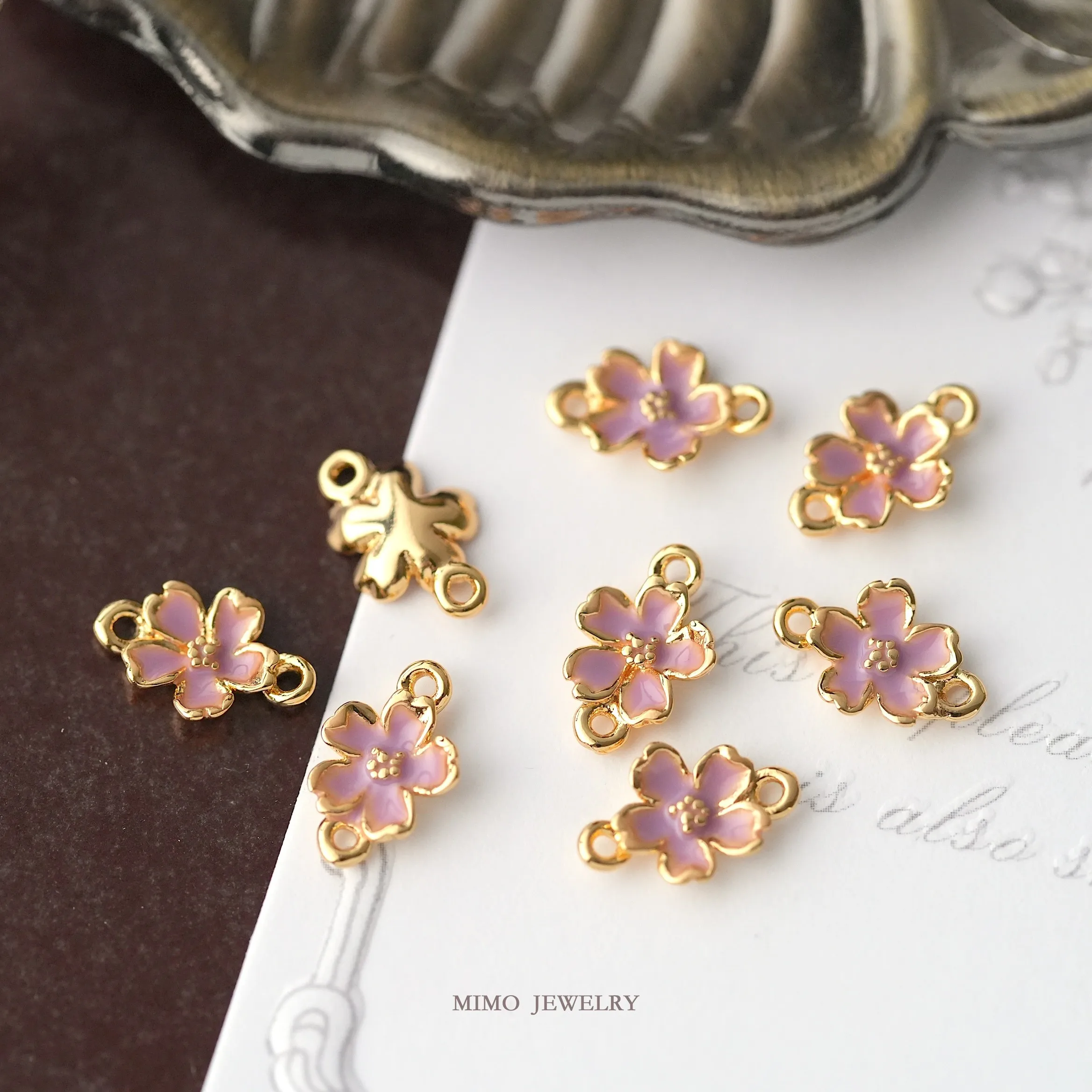 Double Hanging Small Fresh Oil Dripping Cherry Blossom Charms Pendant Supplies DIY Hand Brass Gold Plated Accessories 16*10mm