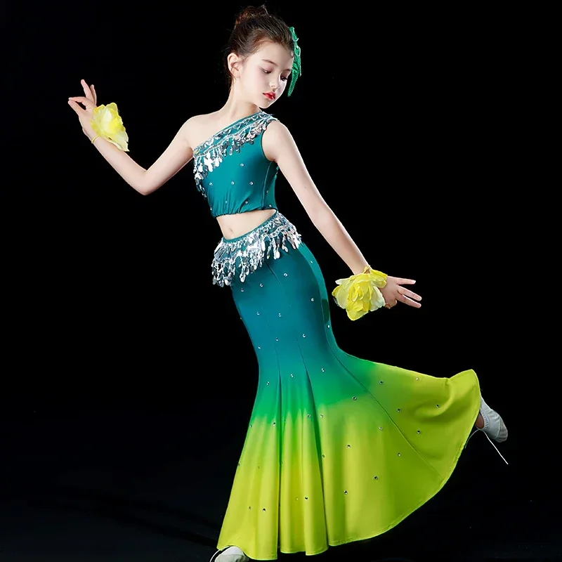 Girs Belly Dance Costume Indian Traditional Dress Peacock Dance Costumes Minority Folk Chinese Dai Dance Fish Tail  Dress