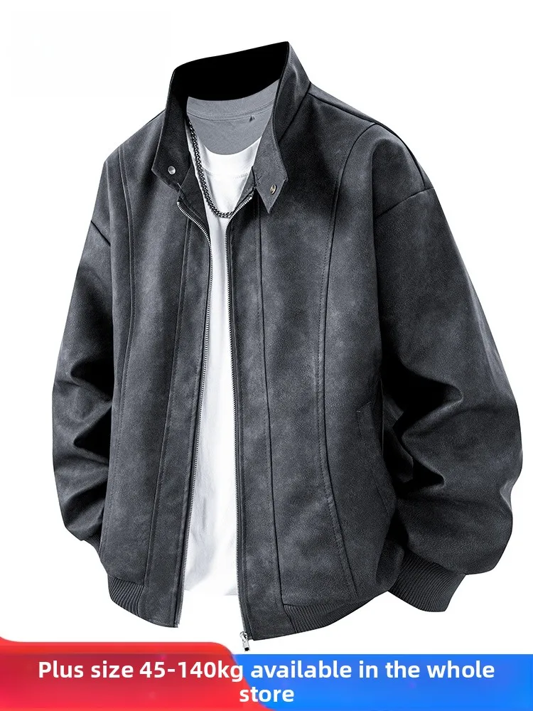 

Loose Fit American Sle Leather Jaet Men's Spring Autumn Casual Stand Collar Biker Coat Outerwear Large Size Faionable