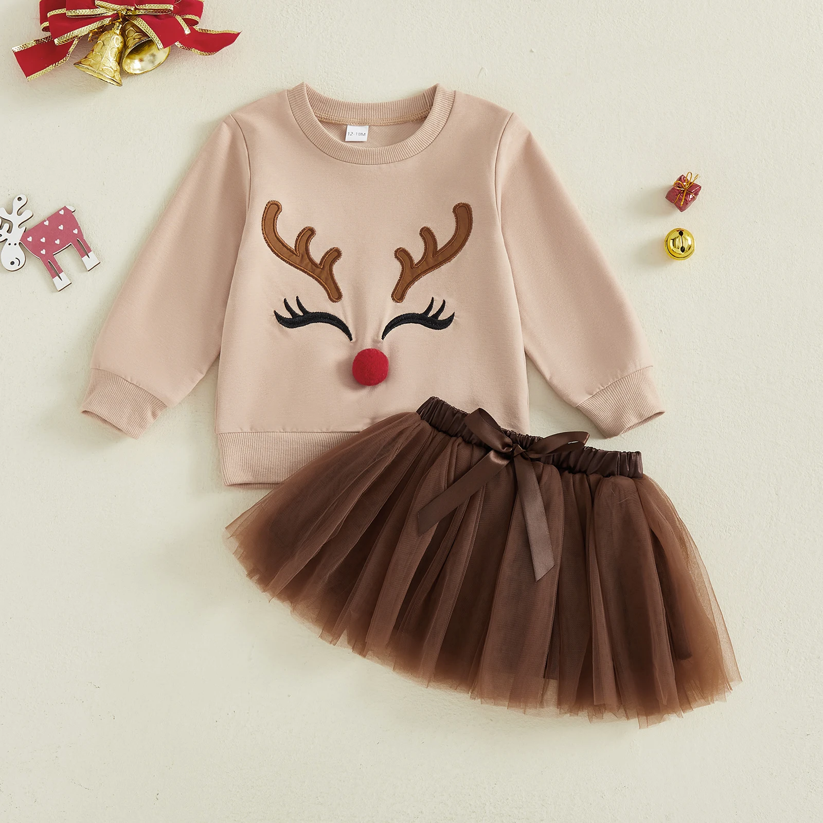 

Милый рождественский наряд для маленьких девочек от 1 до 5 лет, толстовка с длинными рукавами и оленями, фатиновая юбка, комплект из 2 предметов, костюм
