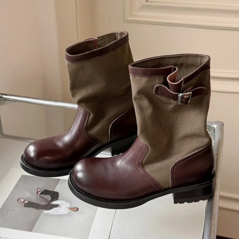 Autumn Retro Style Women's Slouchy Mid Calf Boots Round Toe Crude Heel Slip-on Femme Short Boots Mixed Colors Sexy Ladies Shoes