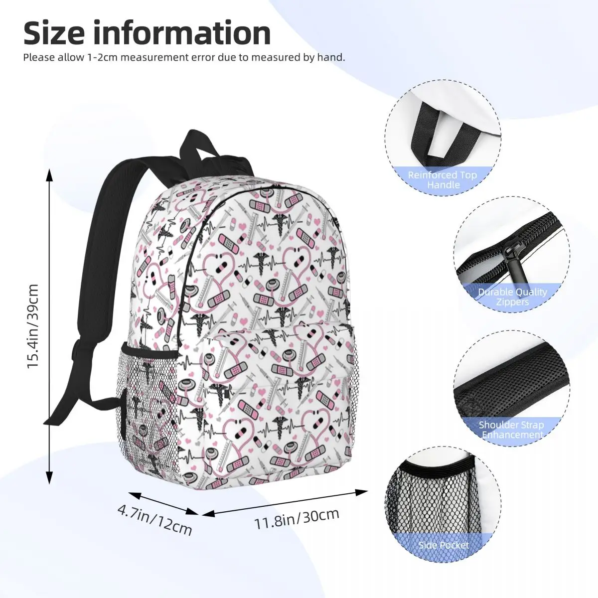 Cute Stethoscope Nurse Doctor EKG Pattern Backpacks Teenager Bookbag Casual Children School Bags Travel Rucksack Shoulder Bag