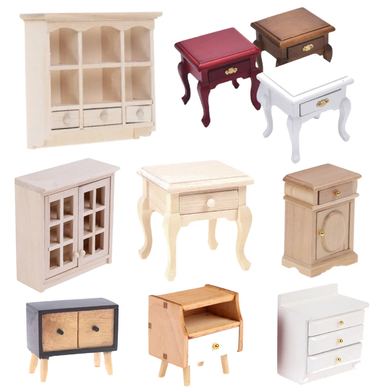 Armario de madera en miniatura para casa de muñecas, mesita de noche hecha a mano, muebles, modelo de decoración, Mini gabinete, 1:12