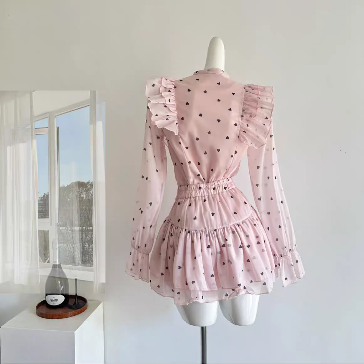 2025 Lente Dopamine Roze Set Strikje Polka Dot Blouse & Hoge Taille Rok Dames Zoete Tweedelige Outfit Romantische A-lijn Jurk