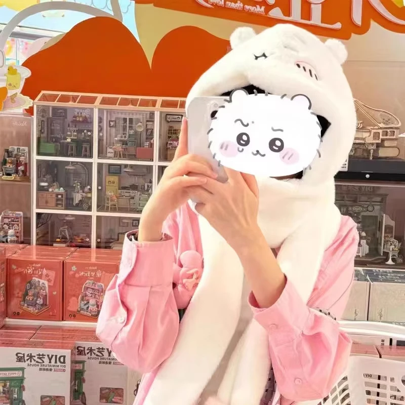 Y2K Kawaii Chiikawas Hachiware لطيف هدية عيد ميلاد قبعة وشاح الشتاء أفخم الباردة الدافئة الكل في واحد الفتيات قبعة طالب قبعة مهرجان هدية