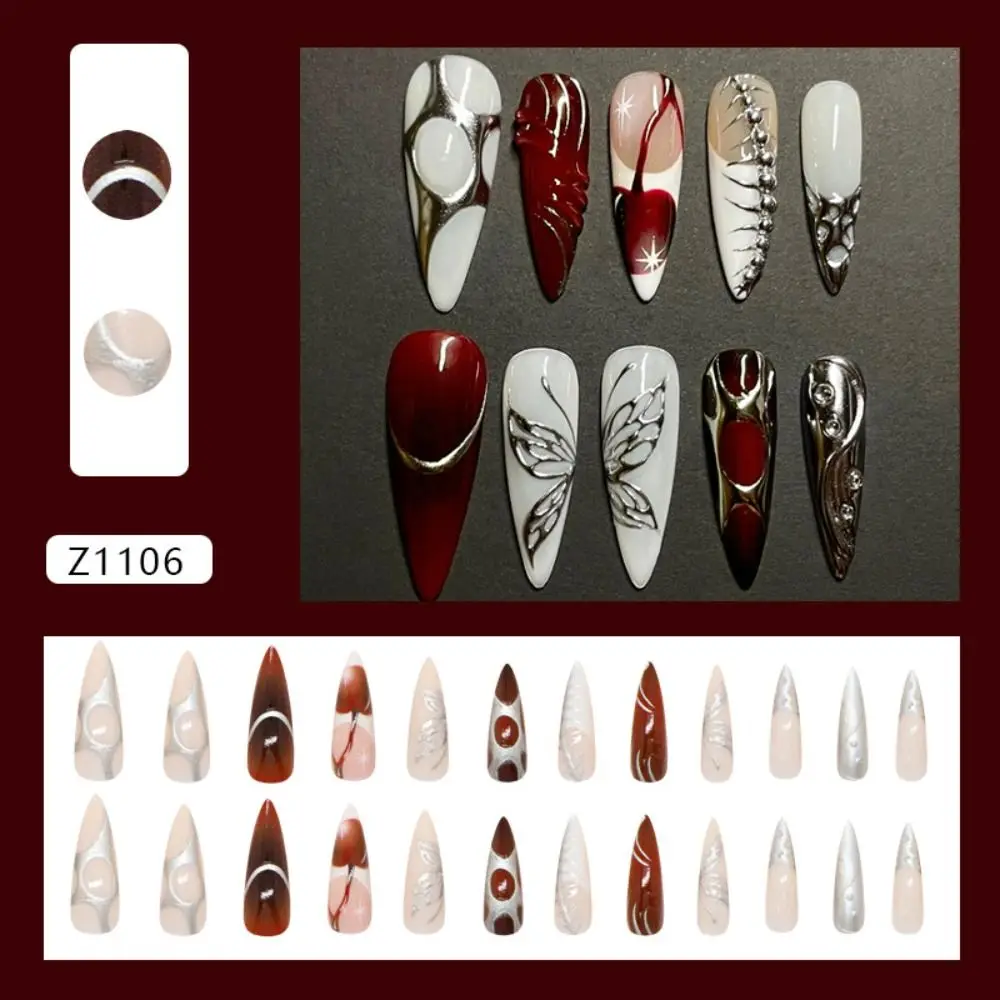 Faux ongles Stiletto longs en amande pour femmes, 24 pièces, avec rayures irrégulières, détachables, doux et frais, à pression
