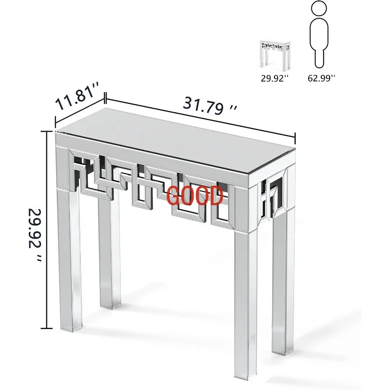 Silver Console Table with Mirrored Finished, Modern Glass Entryway Table Geometric Design, 32 inches Wide