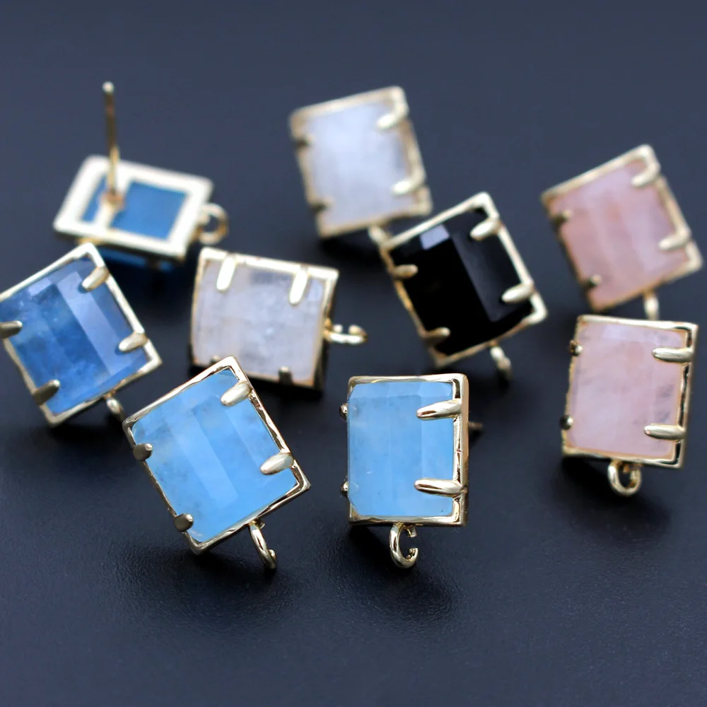6pair Colored Rectangle Stone Ear Posts Studs White Quartz Black Blue Stone Earring with Open Loops Connectors DIY Jewelry