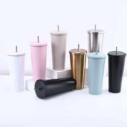 500/750ml Stainless Steel Insulated Coffee Mug with Tumbler Lid Beer Mug Tea Mugs Vacuum Cup Drinking Cup Straw Travel Cup
