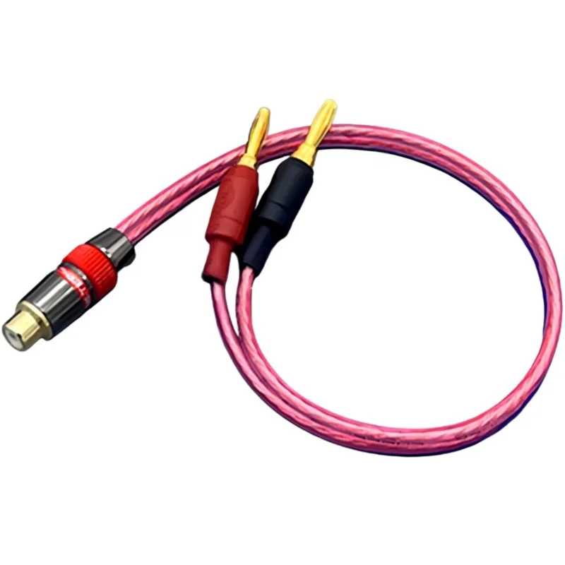 RCA female to double banana head cable AV to banana head active audio amplifier connected to speaker speaker cable