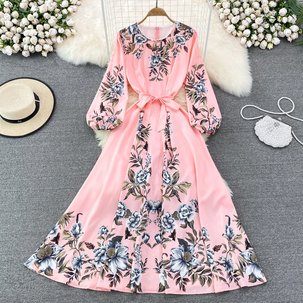 Abito lungo floreale con maniche a lanterna da donna O collo primavera autunno Streetwear Holiday Lace Up Waist Dress Lady Bohemian Vestido