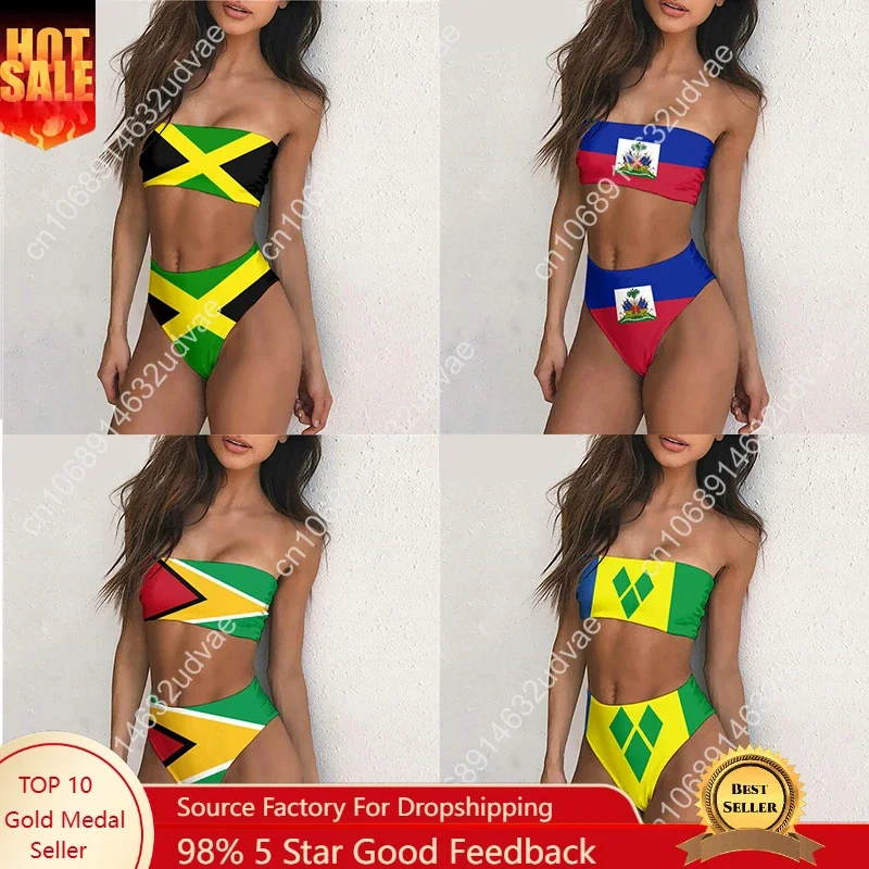 Jamaica/Haiti/Mexio Flag Print Sexy Bikinis Set Swimming Suit For Women Swimsuit Off Shoulder Swim Bathing Suits Plus Size
