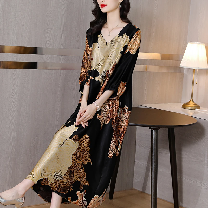 Women Floral Natural Rayon V-Neck Midi Dress Spring Autumn Elegant Loose Waist Plus Size Dress 2024 Korean Vintage Casual Dress