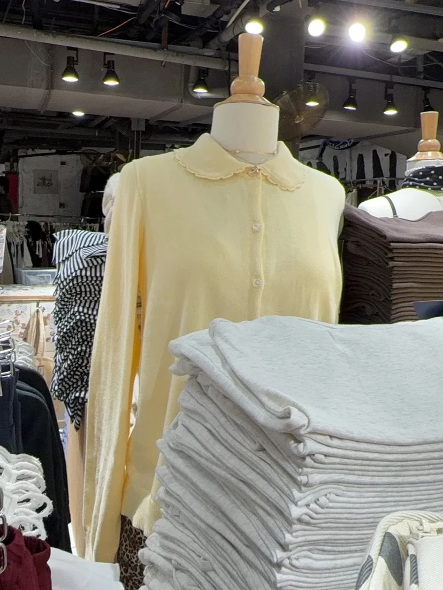 

Женский однотонный кардиган с длинными рукавами, осенний новый однобортный хлопковый свитер с воротником Питера Пэна, милый повседневный простой вязаный джемпер