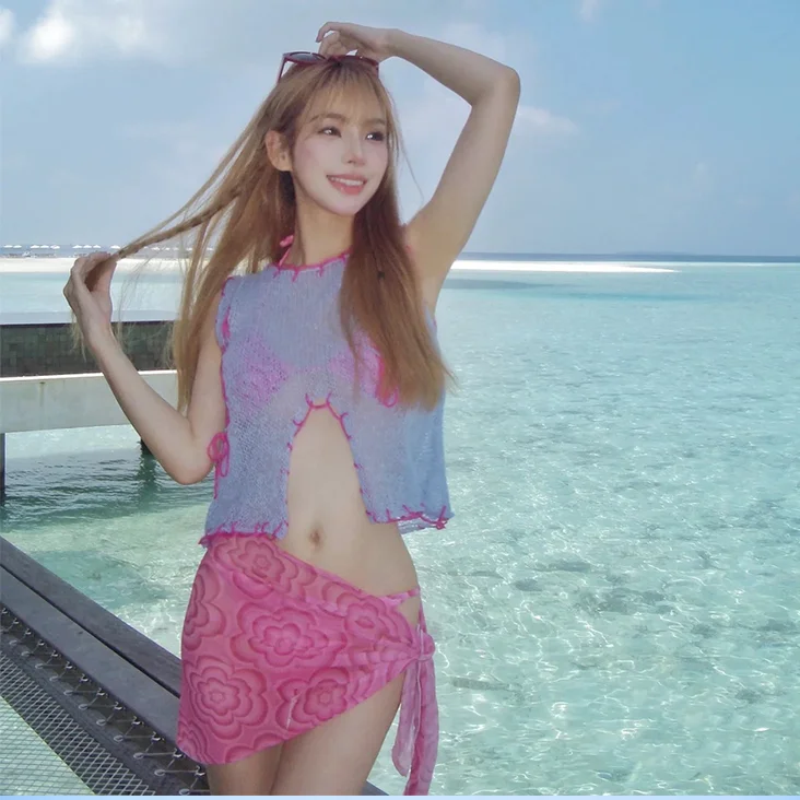 

Женский купальник-бикини из трех предметов: милый комплект с юбкой, скрывающий живот, для термальных источников, с эффектом похудения