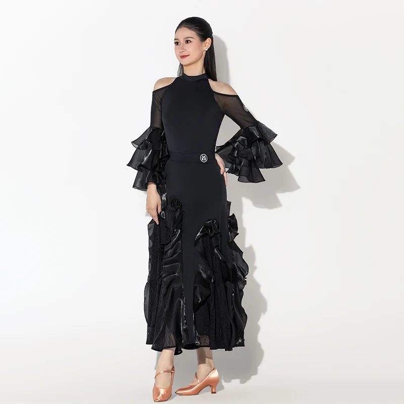 2026 neue Ballroom Dance Wettbewerb Kleidung Für Frauen Lange Ärmeln Lotus Blatt Rand Blume Röcke Anzug Erwachsene Modern Dance Tragen