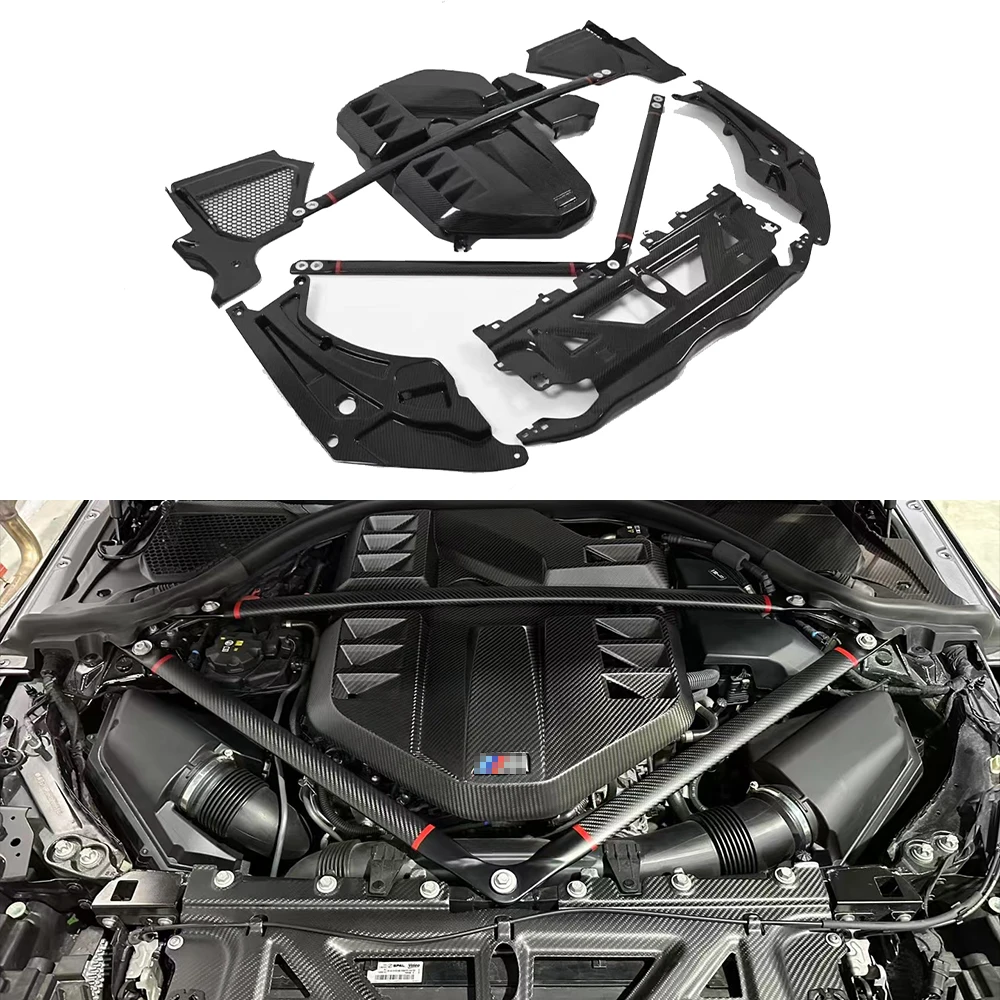 

Для BMW M2 M3 M4 G87 G80 G82 Сухая крышка двигателя из углеродного волокна, распорка стойки, заглушка панели ECU, крышка воздухозаборника, комплект отделки отсека двигателя
