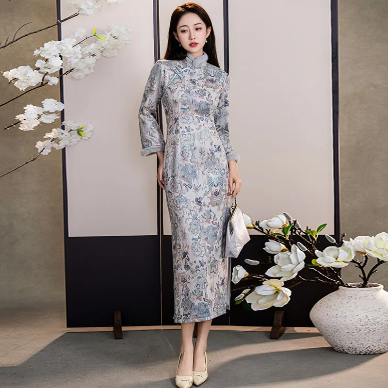 

Blue Thick Winter Clothing Chinese Style New Chinese Long Sleeve Improved Cheongsam 2025 New Women's Retro Winter Qipao