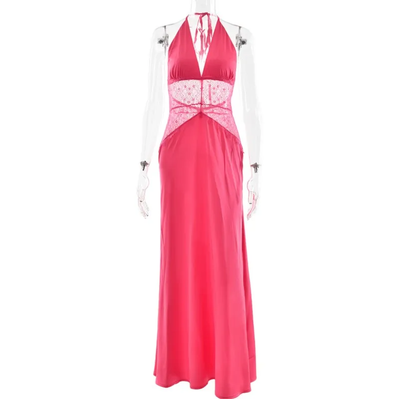 Robe Maxi en Satin de soie pour femmes, décolleté licou, dentelle, Patchwork, taille froncée, Sexy, robe de soirée élégante, été automne 2025