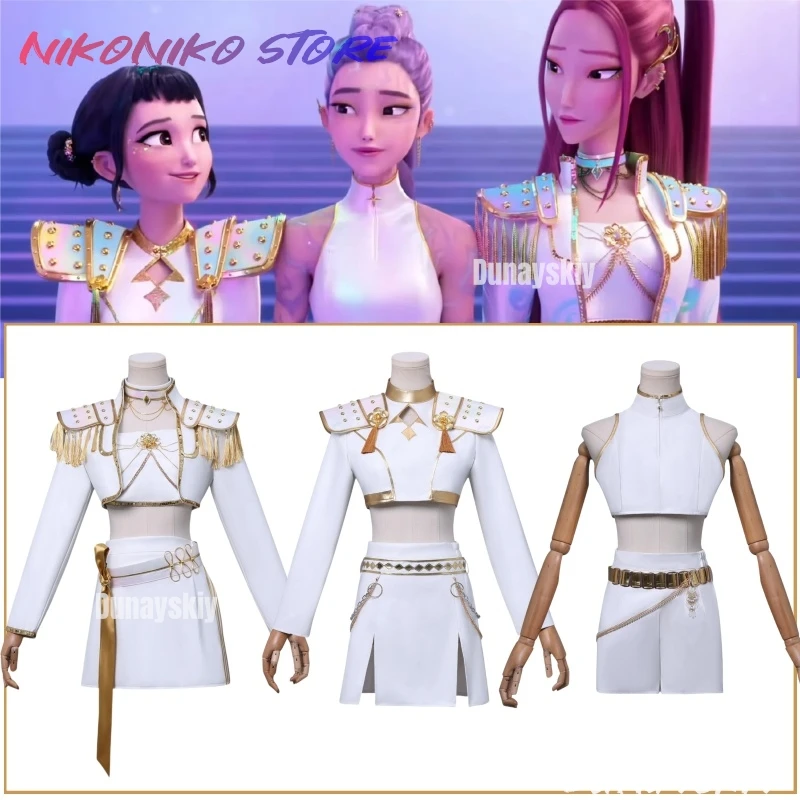 В наличии Rumi Zoey Mira Косплей Костюм Huntrix WHAT IT SOUNDS LIKE Stage Kpop Demon White Korea Idol Сексуальное мини-платье Хэллоуин