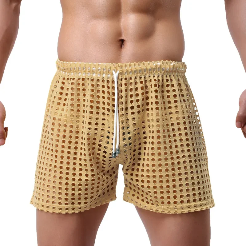 Sexy Men Casual Shorts Hollow Out Loose Breathable Panties Underwear Summer Board Shorts See Through Underpants Briefs 2XL