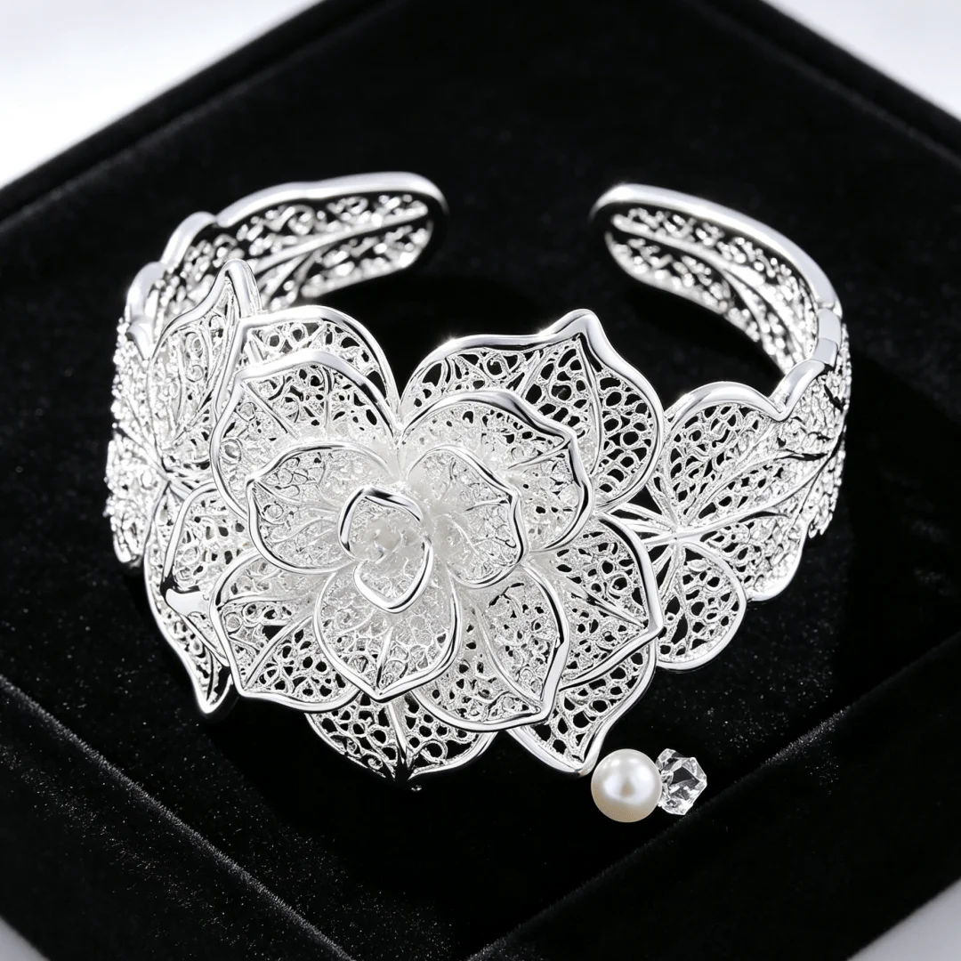 Popular Brands Beautiful big flower wide bangle 925 sterling Silver cuff Bracelets for Women Fashion wedding Party jewelry gifts