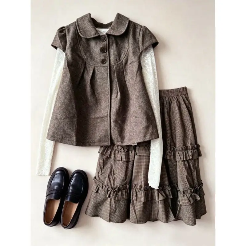 Vintage Sweet 3 Piece Set Women Peter Pan Collar Puff Sleeve Vest Top Long Lace Sleeve Ruffle Skirt Loose Fit Casual Outfit 2026