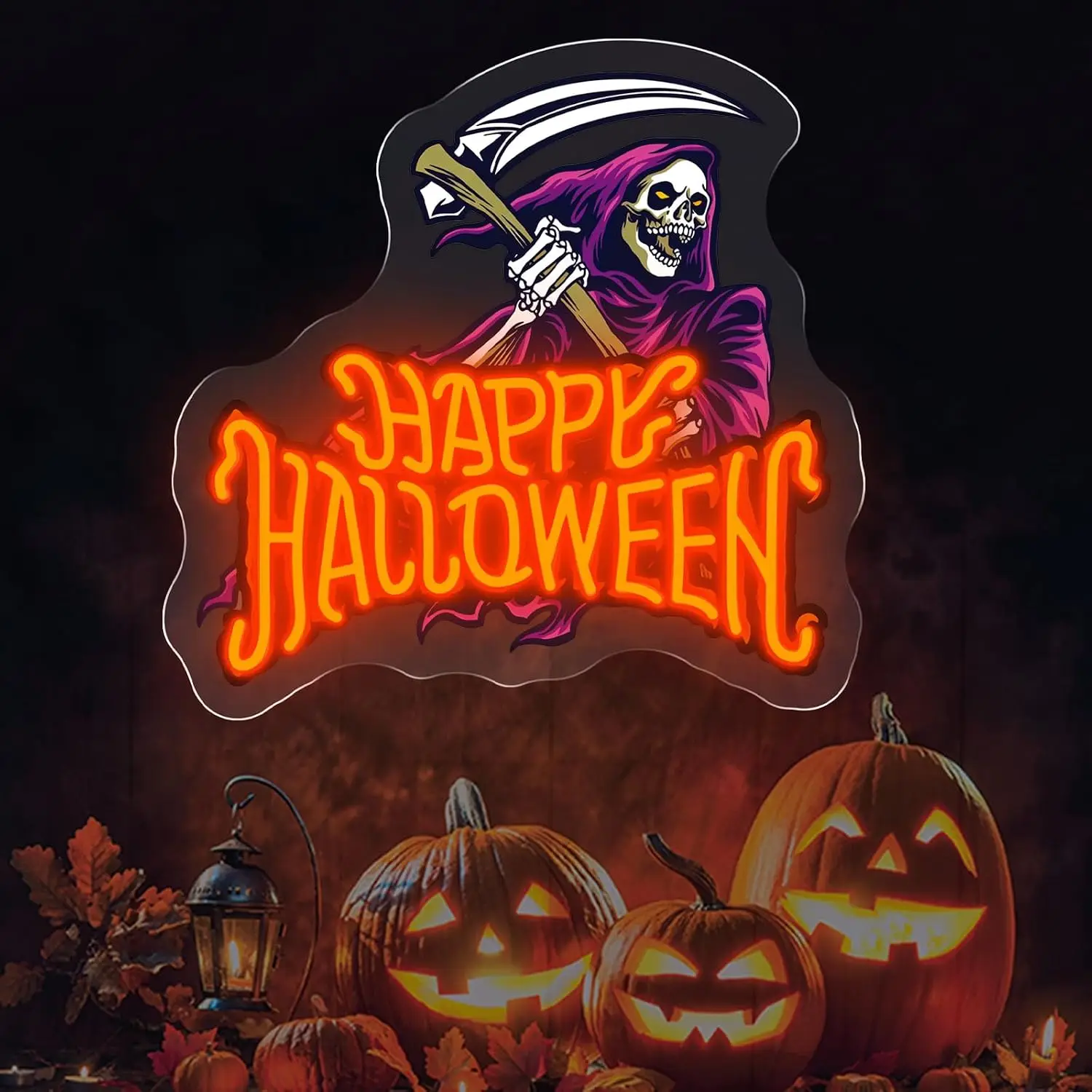 Happy Halloween Neon Sign LED Grim Reaper Skull Neon Light USB Wall Lamp for Halloween Party Gothic Home Bedroom Decor Gift