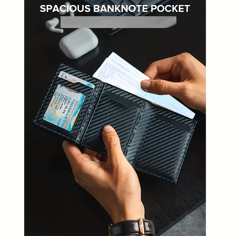 Men RFID Pop Up Credit Card Holder, Carbon Fiber Pattern Polyester Slim Wallet Aluminum Automatic Card Case Front Pocket Purse