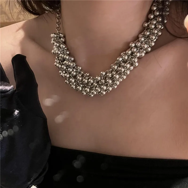 Punk Style Metal Ball Bead Necklace Women's Personality Multilayer Necklace Party Jewelry 2023