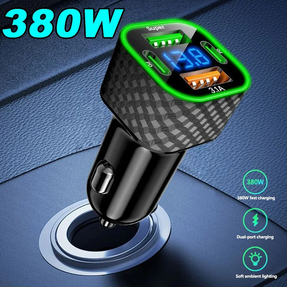 4 in 1 Car Phone Charger USB C Dual PD with Voltage Display 380W Super Fast Charge Adapter with iPhone/Android/Samsung Galaxy