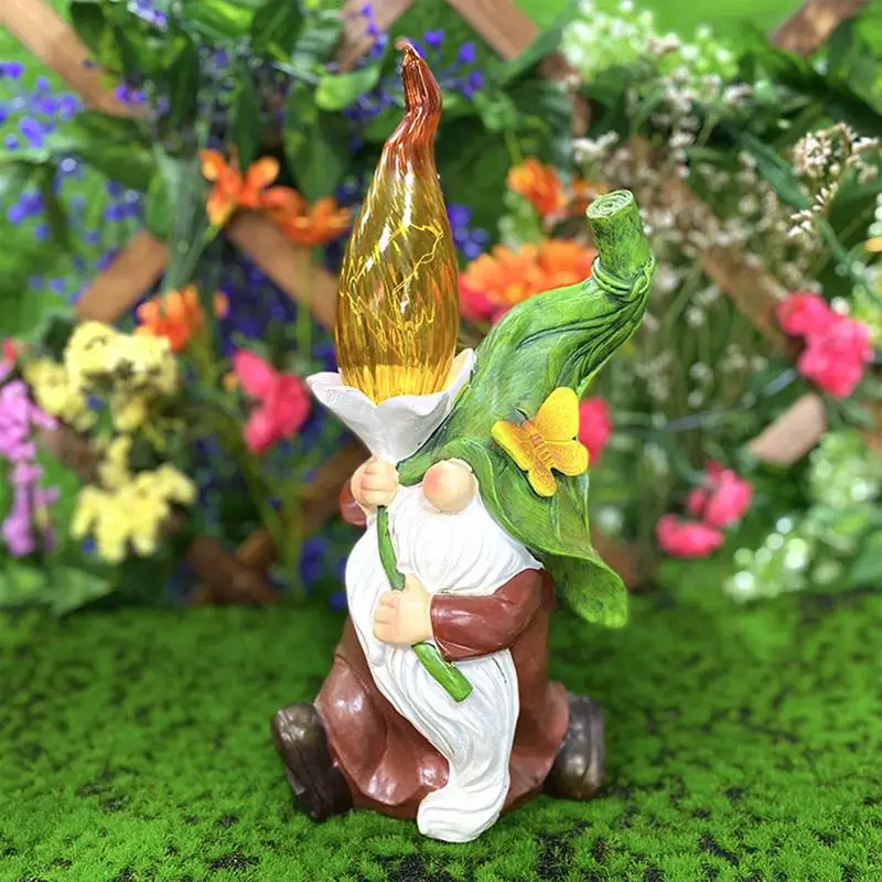 Funny Resin Garden Gnome Statue Solar Gnome Sculptures Decoration For Lawn Garden Welcome Sign Flocking Dwarf Courtyard Statue