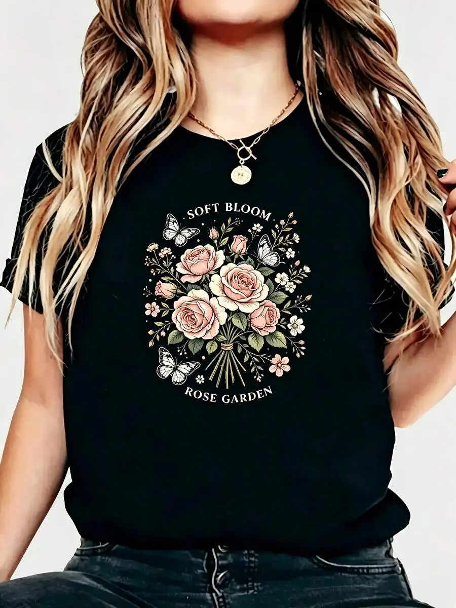 Women's Crew Neck Short Sleeve Graphic T-Shirt, Vintage Rose Garden Butterfly Soft Bloom Floral Print, Casual Summer Wear, Birthday Holiday Gift For Her Tops For Ladies