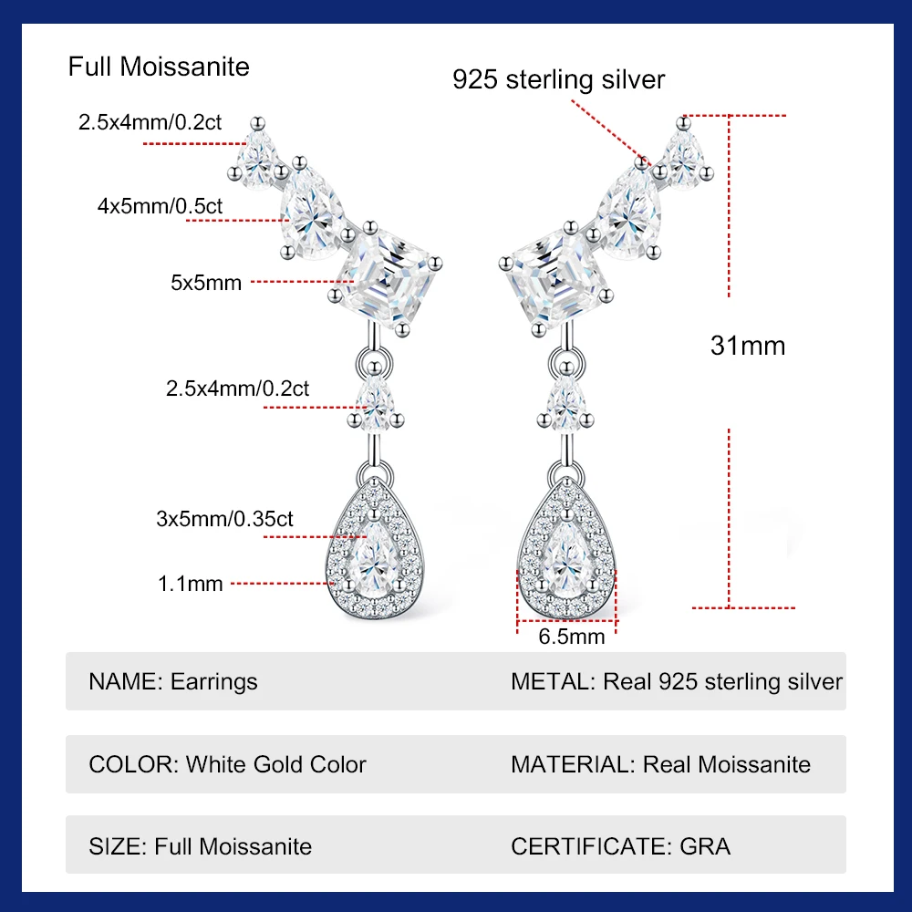 Full Moissanite Drop Earrings S925 Silver Pear Cut Crawler Climber Dangle Earrings for Women Bridal Wedding Party Jewelry