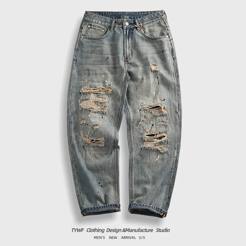 

Trendy Men's Jeans Patchwork Loose Straight Leg Long Trousers Retro American Design Urban Faion High Waist Zipper Fly