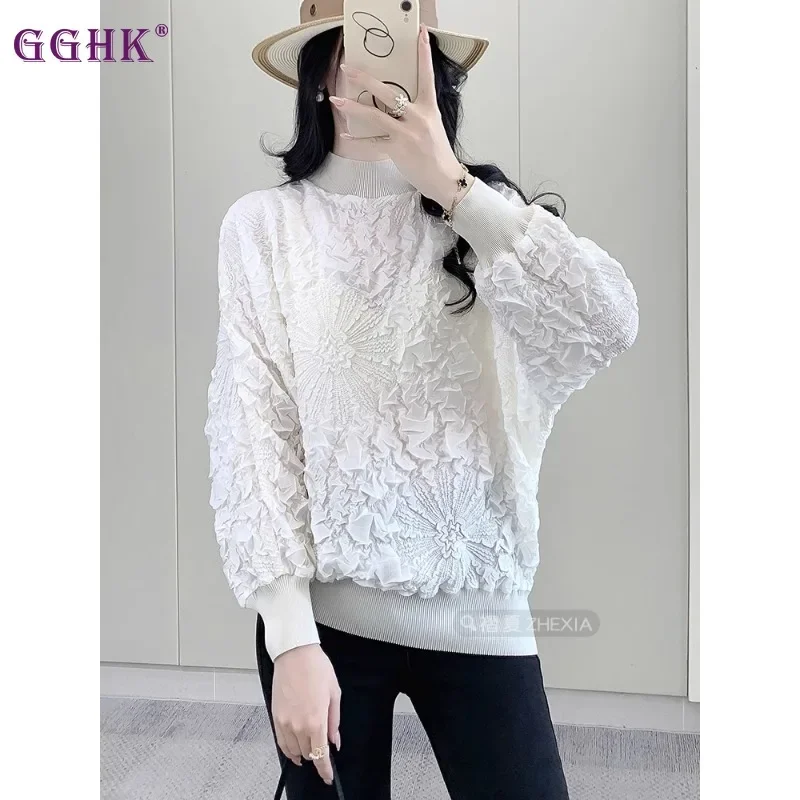 GGHK Pleated Top Women 2024 Autumn New Solid Color Round Neck Bat Sleeve Loose Large Size Design Female Casual T-Shirt